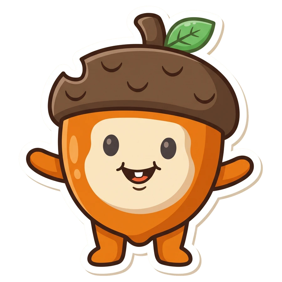 Nutsy, a cartoon acorn with a cap, waving