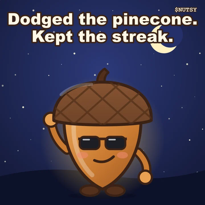 Nutsy in sunglasses under a starry sky with the caption: Dodged the pinecone. Kept the streak.